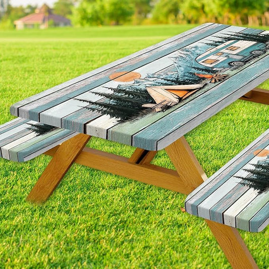 JAWO Picnic Table Cover with Bench Covers Outdoor Camping Essentials Windproof Waterproof Fitted Picnic Table Cloth Wood Texture Fitted Picnic Tablecloth with Elastic, 30x72in