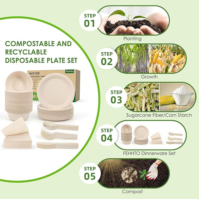 Disposable Paper Plates Set 300PCS Compostable Sugarcane Plates, Bowls, Heavy-duty Utensil, Biodegradable Napkins, Eco-friendly Dinnerware Set for Party Camping 50 People