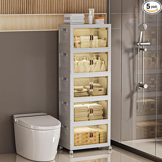 332 QT / 83 Gal White Storage Bins with 1 Lid - Collapsible Stackable Cabinet Organizer w/Wheels & Magnetic Doors, Plastic Storage Box for Office Closet Organization