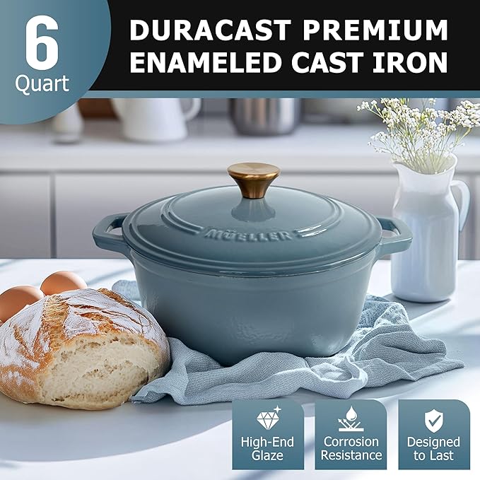 MÜELLERHOME 6 Quart Enameled Cast Iron Pot Dutch Oven, Heavy-Duty, Oven-Safe up to 500° F & Across All Cooktops, Bread Pan with Lid & Knob, Cast Iron Cookware, Blue Kitchen Accessories, Mineral Blue