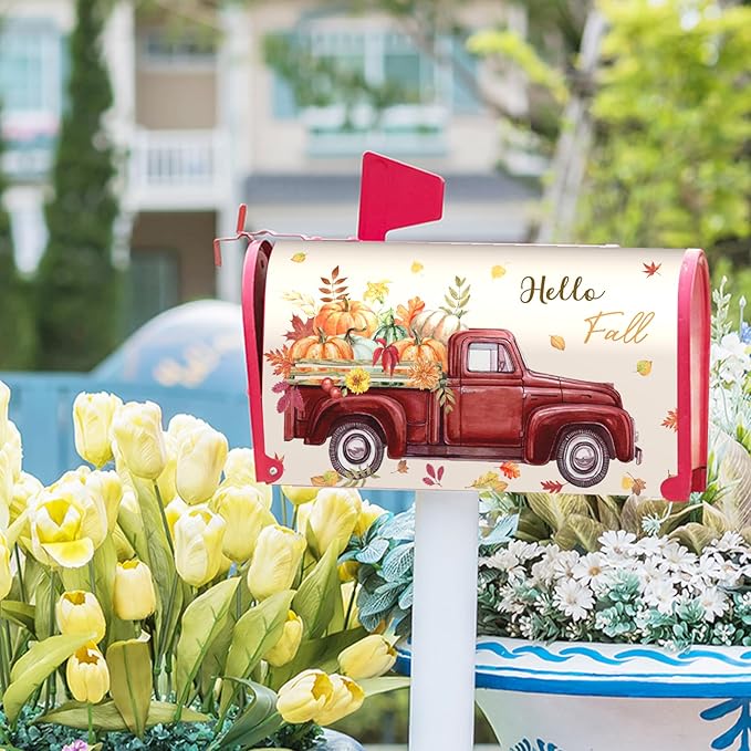 Hello Fall Mailbox Cover Magnetic Autumn Pickup Truck with Pumpkins Letter Box Cover Oversized Size 25.5x21 Inch Happy Harvest Festival Thanksgiving Decorative Post Box Covers for Garden Yard