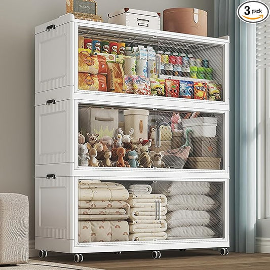 150GAL Extra Large Stackable Storage Bins with Lid, 600QT Plastic Closet Organizer and Storage Cabinet with Wheels and Doors, Folding Storage Box Container for Home Organization, 3Pack White