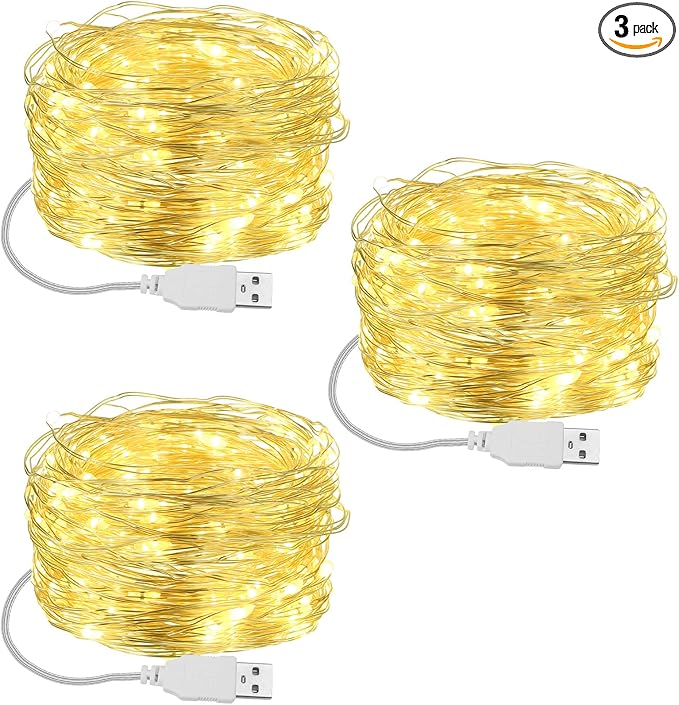 Macarrie 3 Pack Fairy Lights USB Powered 16 ft 50 LED Warm White String Lights Plug in for Xmas Indoor Outdoor Party Wedding Home Festival Tree Garden Decoration