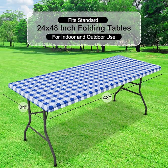 misaya Buffalo Rectangle Picnic Tablecloth, 4 Foot Elastic Fitted Vinyl Table Cloth with Flannel Backing, Waterproof Plaid Table Covers for Dining, Camping, Outdoor (Blue and White, 24" x 48")