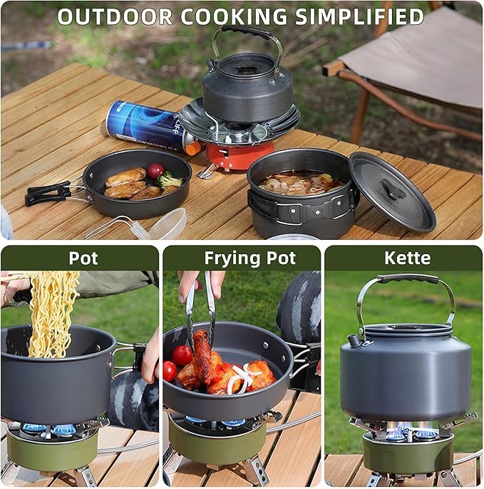 aiGear 3pcs Camping Cookware Mess Kit, Non-Stick Camping Pan Pot Kettle, Lightweight Aluminum, Collapsible Portable Camping Cooking Set for Outdoor Cooking Hiking Picnic