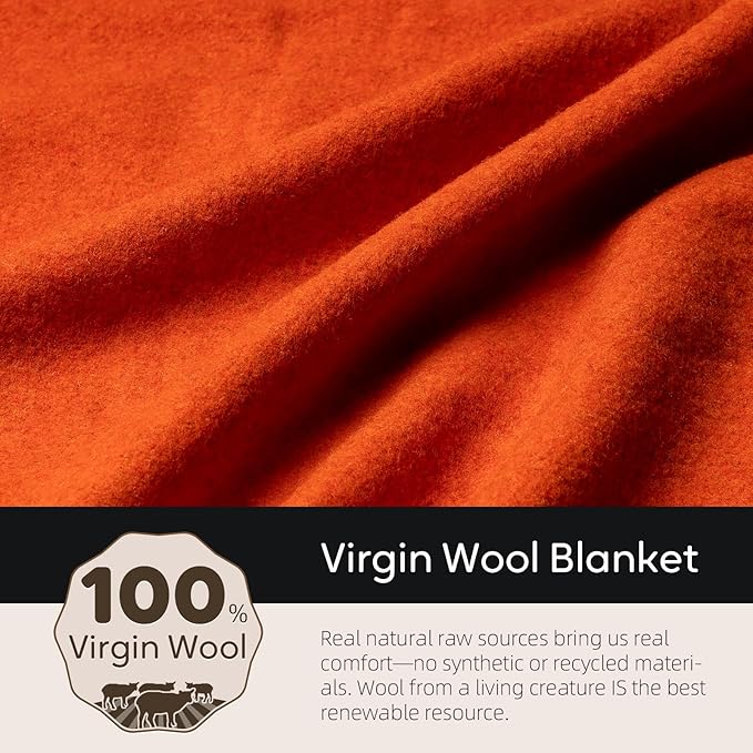 100% Wool Blanket, 48" x 62", Warm, Thick, Washable, Military Wool Blanket, Great for Camping, Outdoors, Sporting Events, Survival Kits, OrangeRed