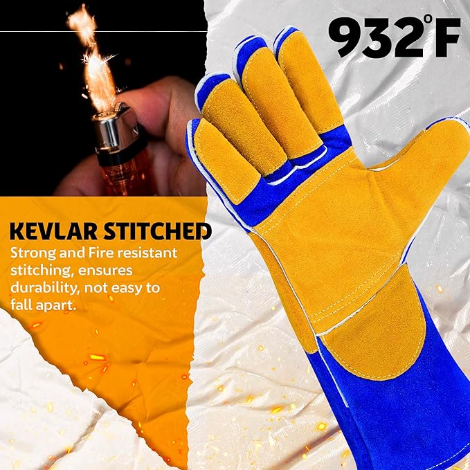 14” Welding Gloves – Heavy-Duty Heat & Flame Resistant Cowhide Leather, Kevlar-Stitched, 932℉ Protection for MIG, Stick, Forge, Fireplace, BBQ, Wood Stove (𝐁𝐥𝐮𝐞/𝐘𝐞𝐥𝐥𝐨𝐰)
