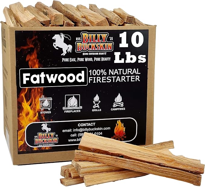 10 lbs. Fatwood Fire Starter Sticks, Perfect Firestarters for Firepit, Campfires, Fireplaces, Bonfires, BBQ, Wood Stoves, Easy Ignition with Just 2 Sticks for Camping, Camping Essentials(10 Pound Box)