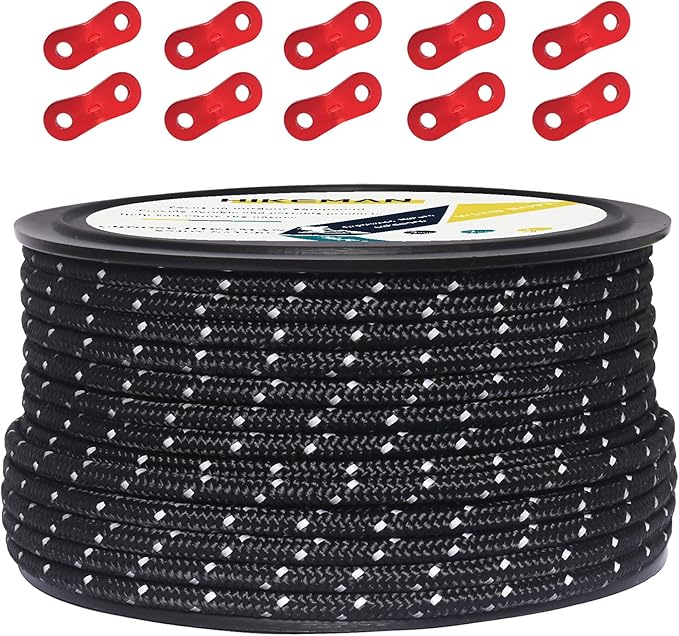 HIKEMAN 50m Reflective Guyline Solid Braid Nylon Camping Rope with Aluminum Adjuster Cord Tensioner Tent Accessory for Outdoor Travel,Hiking,Backpacking and Water Activities (Black, 5mm)