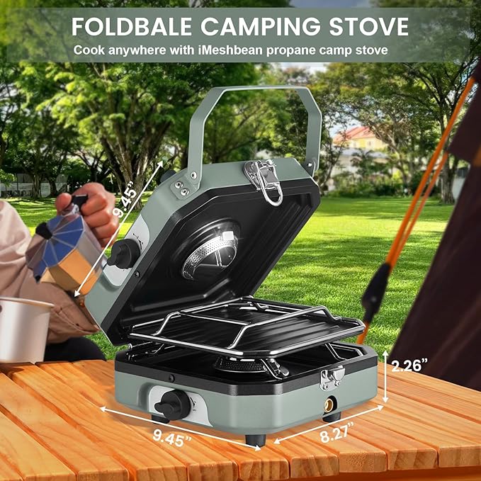 2 Burner Propane Camping Stove with Grill, 16000 BTU Portable Propane Camp Stove with 2 Adjustable Burners & Piezo Ignition, for Camping, Home Backyard, Frying Turkey, Green