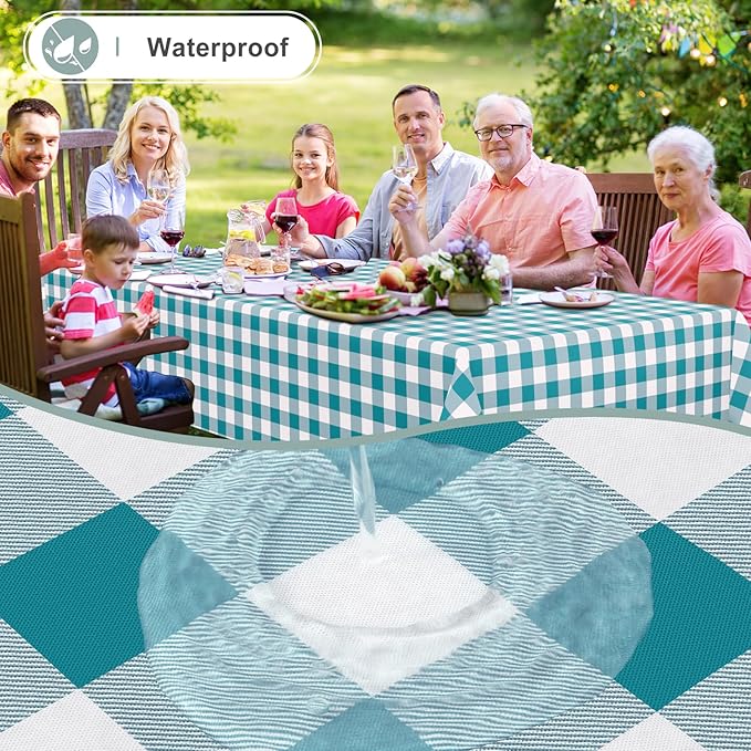 misaya Rectangle Waterproof Vinyl Table Cloth, Buffalo Flannel Backed Tablecloth, Wipeable Plastic Table Cover for Dinner, Kitchen, Outdoor (60" x 102", Turquoise and White)