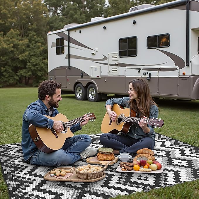 GENIMO Outdoor Rug Waterproof 8x10 ft, Lightweight Plastic Straw Rugs, Outside Reversible Large Mat Carpet for Patio, Camping, RV, Deck, Balcony, Porch, Backyard, Black & White