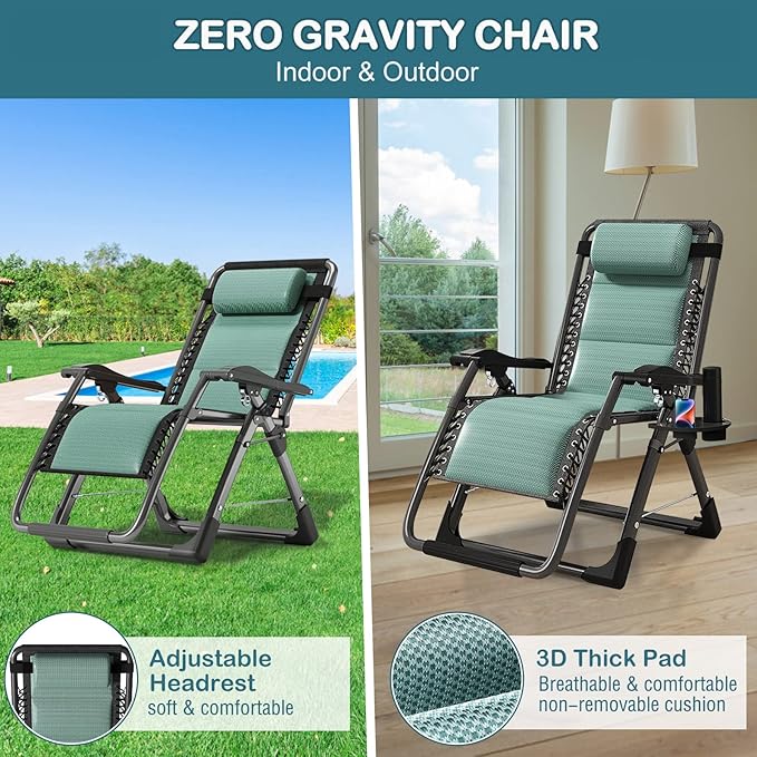 NAIZEA Padded Zero Gravity Chair, Cooling Fabric Folding Outdoor Lounge Chairs, Adjustable Reclining Camping Chairs with Cup Holder, Ergonomic Patio Lawn Chair for Balcony Beach Deck Yard