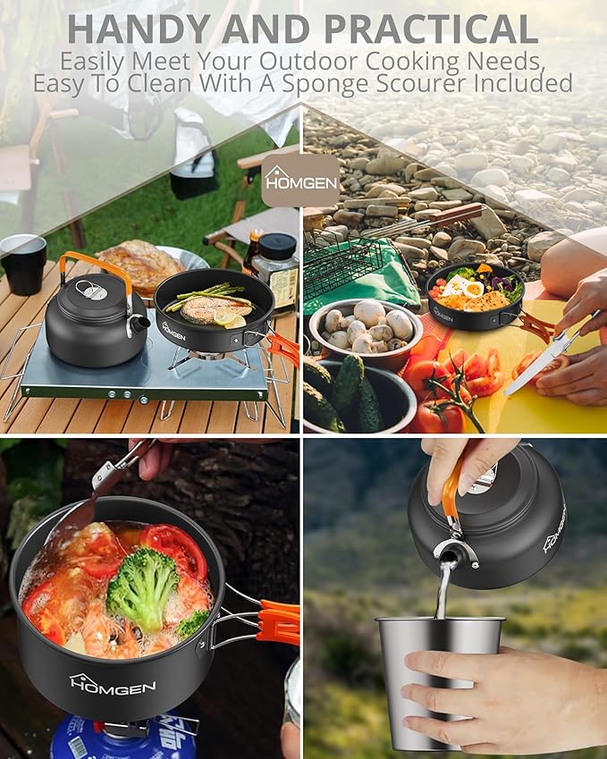 HOMGEN 12-Pieces Ultralight Anodized Aluminum Camping Cookware Set for 2 People - Nesting Pot/Pan with Foldable Handles 800ml Insulated Teapot & Stainless Cups - Compact Backpacking Gear for Camping