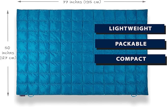 Double Puffy Camping Blanket - Extra Puffy, Packable, Lightweight and Warm | Ideal for Outdoors, Travel, Stadium, Festivals, Beach, Hammock | Water-Resistant Camp Quilt (Teal Blue/Gray)