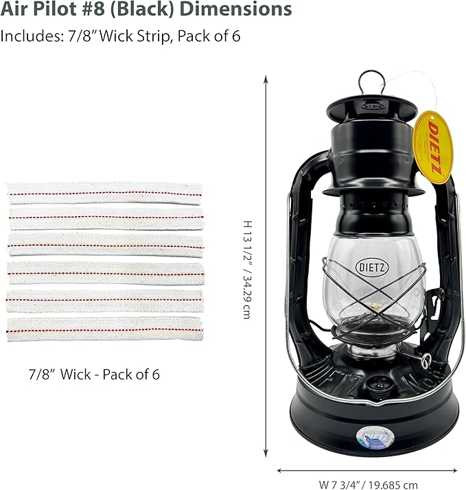 Light of Mine - Dietz #08 Air Pilot Black Oil Lantern with 7/8" Replacement Wick Strips (Black)