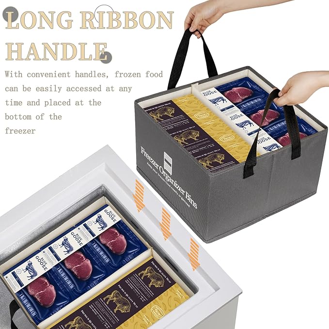 Freezer Organizer Bins, 4 Pack Collapsible Deep Freezer Organizer Bins for 15"x14"x9", freezer Storage Bins with Removable Dividers, Handles (Dark Grey, 4 Pack)