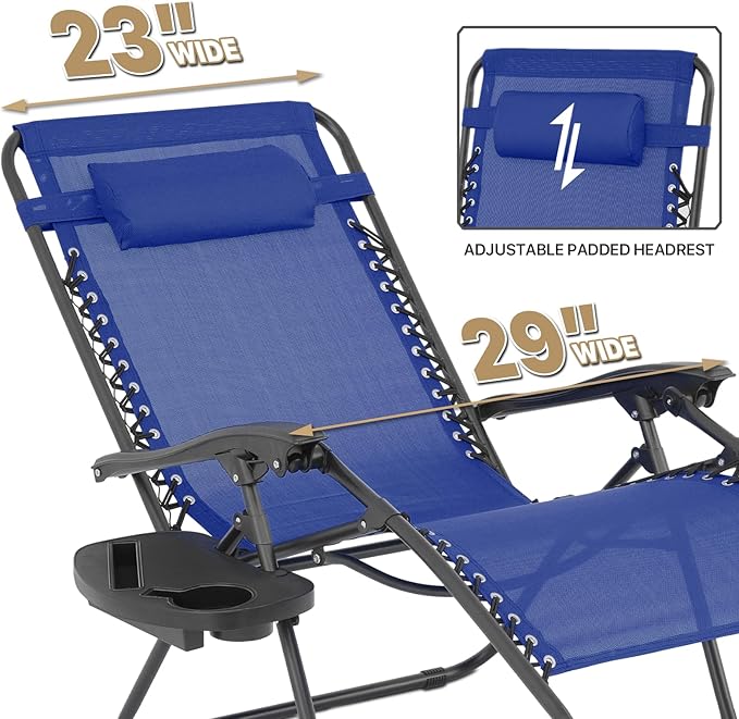 MoNiBloom Oversized Lounge Beach Chairs for Outside, 29" XL Zero Gravity Camping Chairs with Side Table, Pillow and Tray, 330lbs Capacity, Blue