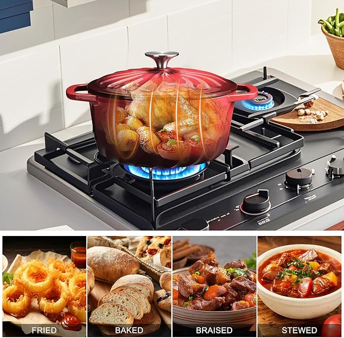 Enameled Cast Iron Dutch Oven with Lid, 3 QT Dutch Oven Pot for Bread Baking, Heavy Duty Cast Iron Pot for Braising, Cook, Bake, Oven Safe across All Cooktops (Gradient Red,3 QT)