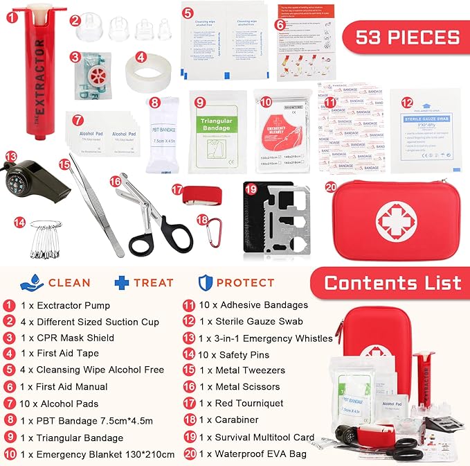 Snake Bite Kit, Bee Sting Kit, Emergency First Aid Supplies, Venom Extractor Suction Pump, Bite and Sting First Aid for Hiking, Backpacking and Camping. Includes Bonus CPR face Shield (Red)