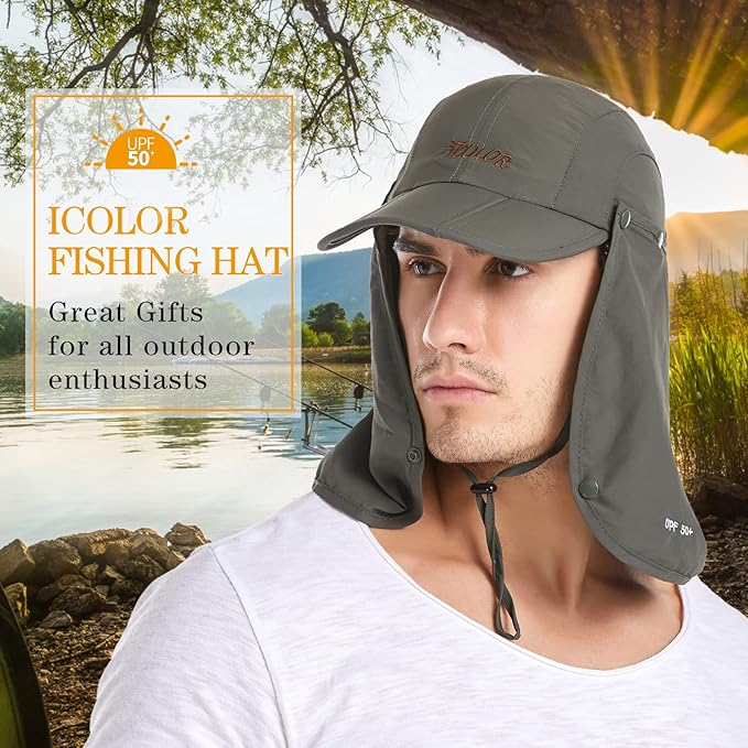 icolor Sun Hats for Men Women with Neck Flap,Foldable Sun Cap Fishing Sun Hats,UPF50+ Sun Protection Ponytail Hats
