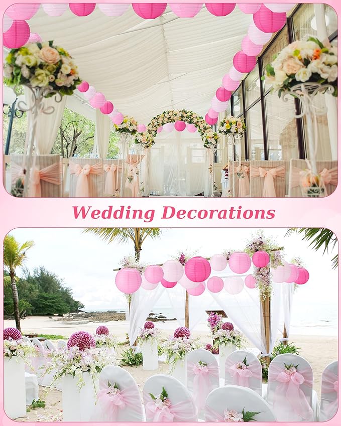 Treela 48 Pcs Paper Lanterns Party Decorations Chinese Round Paper Lanterns 4/6/8/10 Inch Asian Hanging Lamps Decorative for Birthday Party Supplies (Pink Series)