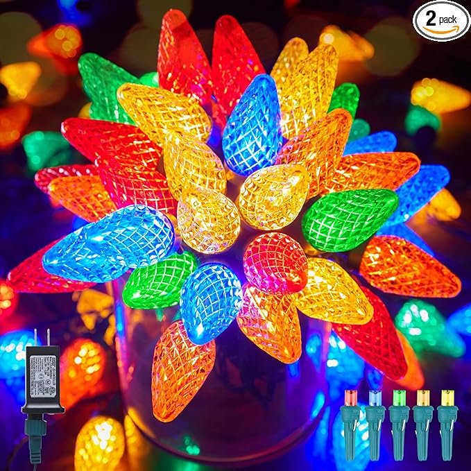 C9 LED Christmas Lights Outdoor, 81 Feet 100 LED String Lights with Timer & 8 Lighting Mode, Waterproof Commercial Grade Christmas Tree Lights for Outside Indoor Roofline Patio, Multicolor 2 Pack