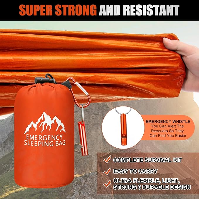 Oudain 6 Pcs XL Emergency Sleeping Bag 94.5" x 49.2" Waterproof Survival Sleeping Bag with Whistle Carabiner Portable Thermal Bivy Sack Emergency Blankets for Camping Hiking Outdoor