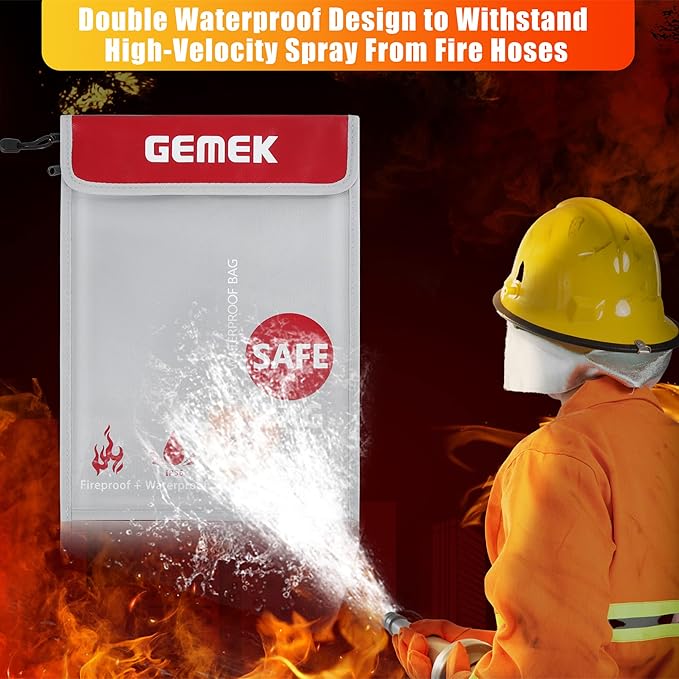 Fireproof Document Bag (2000℉) Upgraded 2 Pockets, GEMEK 15”x 11” Fireproof and Waterproof Money Bag Fireproof Safe Storage for Money, Documents, Jewelry and Passport (Silver - 2 Zipper)