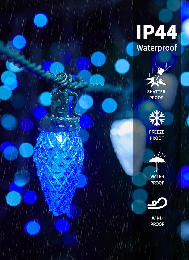 C9 LED Christmas Lights Outdoor, 81 Feet 100 LED String Lights with Timer & 8 Light Mode, Waterproof Commercial Grade Christmas Tree Lights for Outside Indoor Roofline Patio Decor, Blue & Pure White
