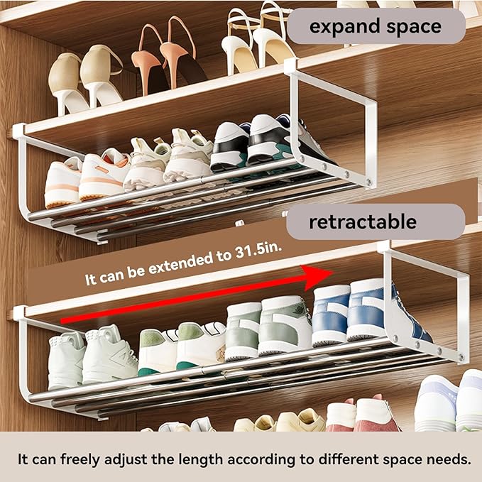 Expandable Shoe Rack Organizer - Adjustable Shoe Rack & Under Cabinet Shelf - for Shoe or Clothing Storage and Organization, Under Shelf Storage (Stainless,1Pcs)