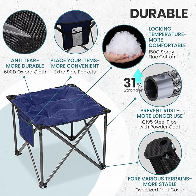 FUNDANGO Folding Camping Stool, 2 Pack 18.1 Inch Oversized Foot Stools 400 Lbs Heavy Duty Portable Padded Seat Anti-Slip Foots & Carry Bag for Fishing Outdoor Lawn Travel (Blue)