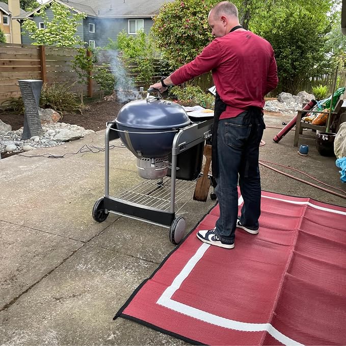 5x7 Maroon Outdoor RV Patio Mat – Extra Thick 5mm Recycled Poly Rug – Heavy-Duty, Waterproof, Reversible – Luxury Camping Mat for Deck, Beach, Campsite (Maroon NO Carry Bag, 5'x7')