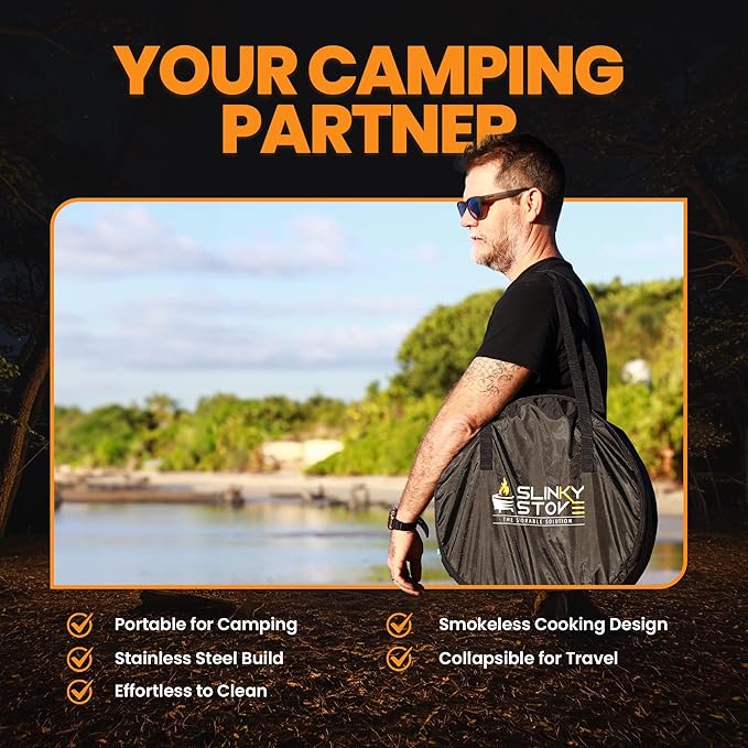 Smokeless Fire Pit for Outdoor Wood-Burning – Portable, Compact & Foldable Design for Camping, Bonfires, Tiny Cabin, Ventless Burn, Solo Pits, and Backyard Use – Stainless Steel, 23-Inch Slinky Stove