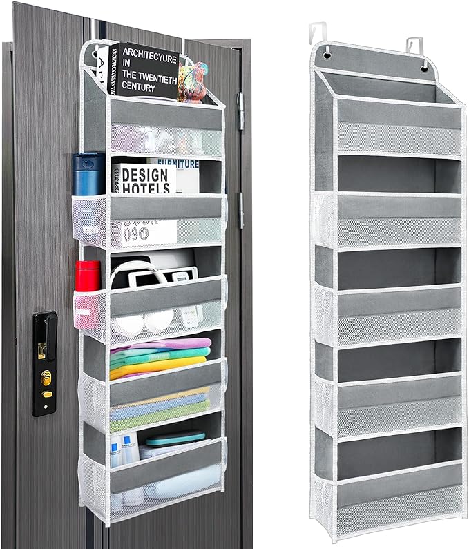 Over The Door Organizer with 8 Side Mesh Pockets, 44lb Weight Capacity Hanging Behind The Door Bathroom Organizers and Storage Suitable for Storing Toys, Shoes, Towels, Grey, 5 Shelf