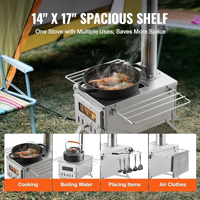 VEVOR Camping Wood Stove Stainless Steel Camping Tent Stove, Portable Wood Burning Stove with Chimney Pipes & Gloves, 700in³Firebox Hot Tent Stove for Outdoor Cooking and Heating with 8 Pipes