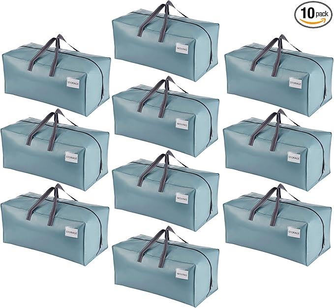 VENO 10 Pack Moving Bags w/Backpack Straps, Heavy Duty, Moving Boxes Alternative, Packing Supplies, Large Storage Totes for Dorm Room Essentials with Zipper for Clothes (Shiny Light Blue, 10 Pack)