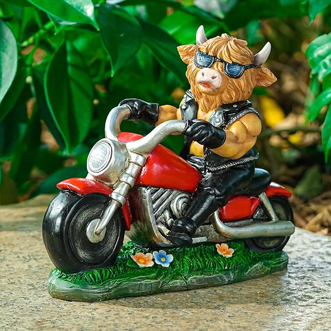 Decorative Highland Cow on Motorcycle Statue with LED Headlight - Rustic Outdoor Garden Ornament, Biker Cow Figurine for Yard, Patio, or Home Decor Gifts
