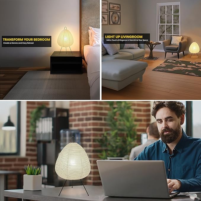 Noguchi Akari Rice Paper Lantern Lamp ??Dimmable Japanese Table Lamp with Washi Paper Shade, Bulb Included ??Japandi Bedside, Desk Light