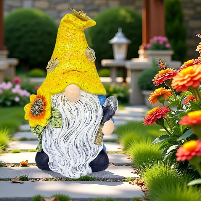Garden Gnomes Outdoor Decor Solar Gnomes Statues with Butterfly Bee Sunflower Led Lighted Dwarf Outside Decorations for Yard Patio Lawn Ornaments Gifts for Women Mom