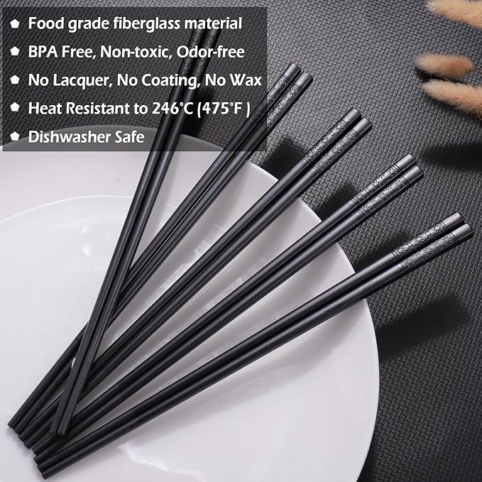 GLAMFIELDS 5 Pairs Premium Chopsticks Reusable Dishwasher Safe 9.5 Inch Fiberglass Chop Sticks Gift Set Non Slip Lightweight Cherry Blossom Pattern