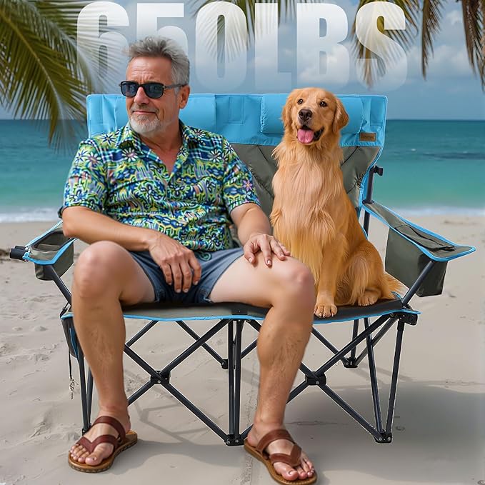 Folding Camping Chair - Oversize Camping Chairs for Adults, 2 Seat Folding Chair Support 650lbs with Pillows & Cup Holders & Cooler Bags- Heavy Duty Chair for Sports Garden Beach Fishing(Bluegray)