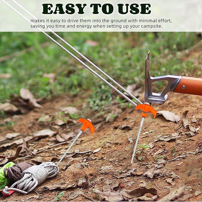 20 Pack 8" Screw in Tent Stakes Heavy Duty, Glow in The Dark Metal Stakes with Hex Head Driver, Ground Anchors for Camping, Patio, Awning, Canopy, and Windy Conditions