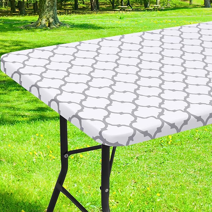 Smiry Rectangle Picnic Table Cover, Waterproof Elastic Fitted Camping Tablecloths for 4 Foot Tables, Wipeable Flannel Backed Vinyl Tablecloth Protector for Indoor, Outdoor (White, 30x48 Inches)