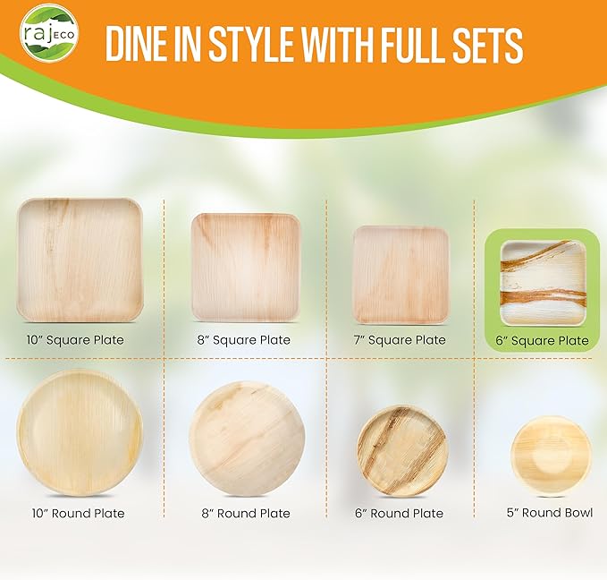 Raj Palm Leaf Plates [200-Pack] 6" Square Plates like Bamboo plates Disposable, Strong, Decorative Compostable Tableware for wedding, Lunch, Dinner, Birthday, Camping, Outdoor BBQ, Picnic