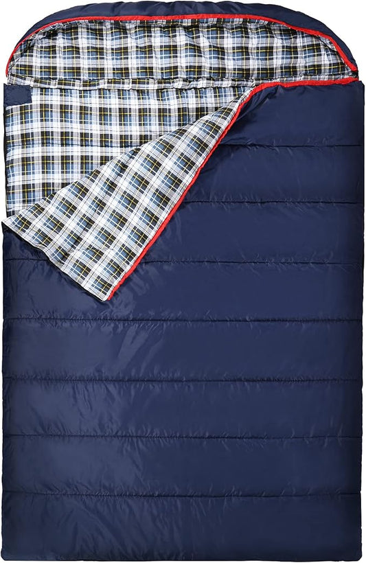 REDCAMP Cotton Double Sleeping Bag for Adults, 2 Person Cold Weather Queen Size Flannel Sleeping Bags for Camping, Black/Navy Blue