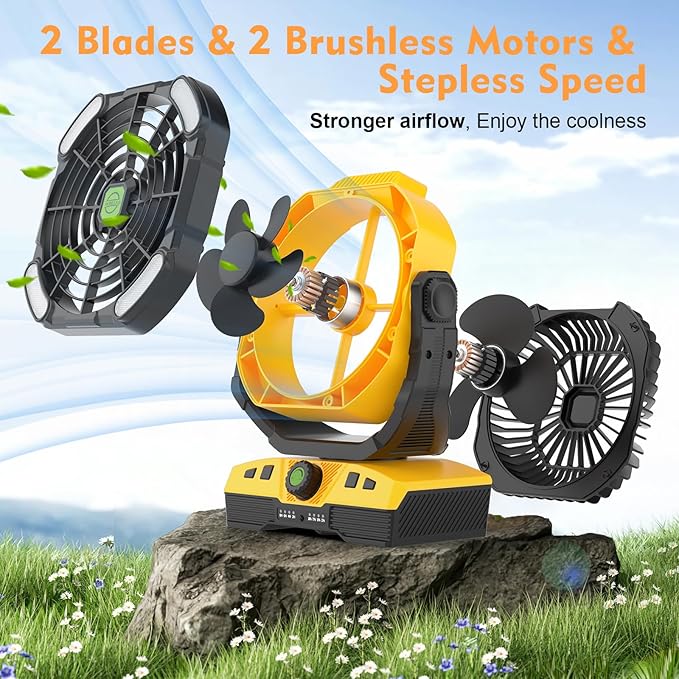 RUNTOP 20000mAh Oscillation Camping Fan, Remote Control Rechargeable Battery Operated Outdoor Tent Fan w/Hanging Hook, Portable Personal USB Desk Fan for Camping, Jobsite Tent Travel Beach Bedroom