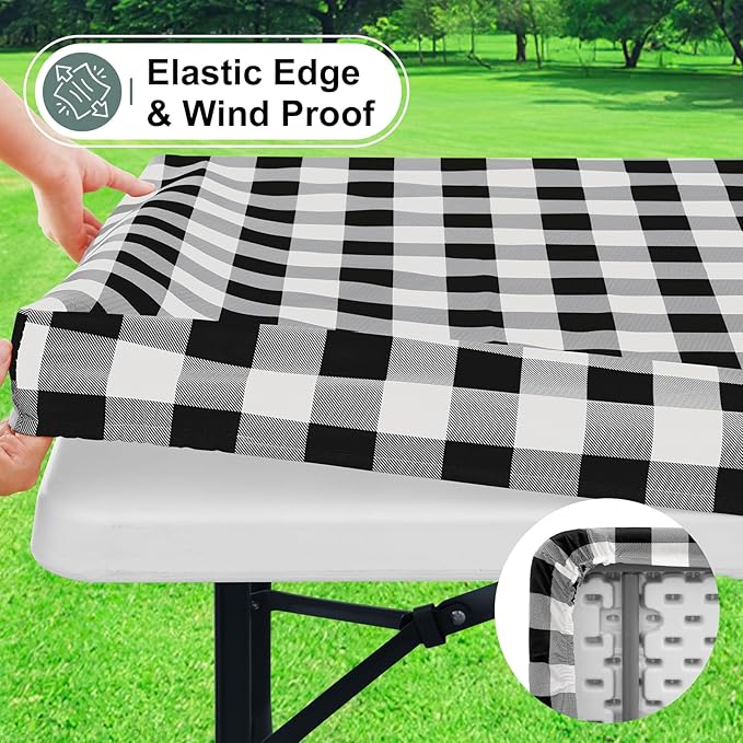 misaya Buffalo Rectangle Picnic Tablecloth, 5 Foot Elastic Fitted Vinyl Table Cloth with Flannel Backing, Waterproof Plaid Table Covers for Dining, Camping, Outdoor (Black and White, 30" x 60")