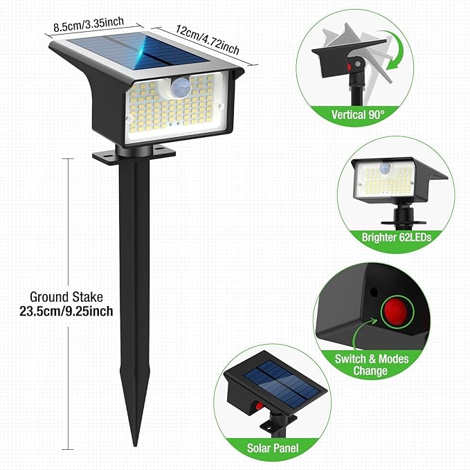 nipify Solar Spot Lights Outdoor Motion Sensor, [10 Pack/62 LED] 3 Modes Solar Spotlights Outdoor Waterproof IP65, 2-in-1 Solar Landscape Lighting Yard Lights for Garden Patio Walkway, Cool White