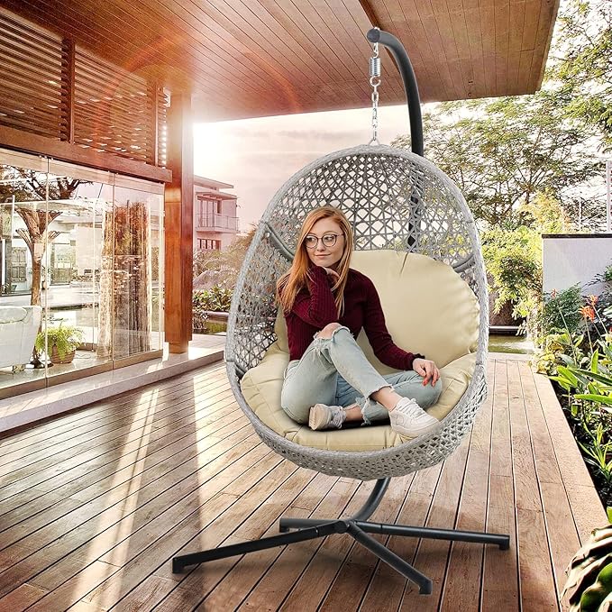 PRIVATE GARDEN Large Hanging Egg Chair with Stand Upgraded Wicker Egg Swing Chair Outdoor Indoor PE Rattan Hanging Chair with Beige Comfort Cushion Heavy Duty C-Stand